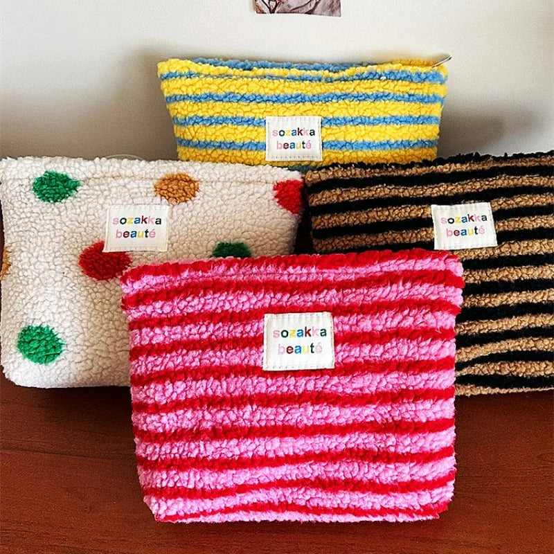Striped Plush Clutch Cosmetic Bag Large Capacity Stylish Travel Makeup and Toiletries Pouch