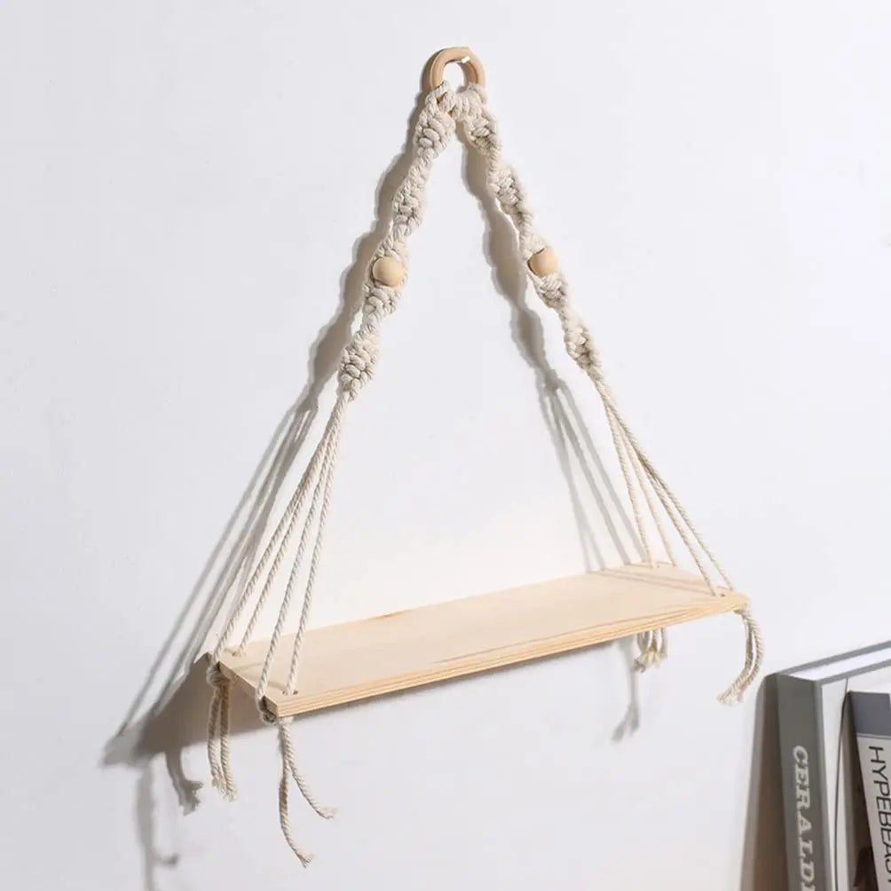 Macrame Hanging Shelf Boho Wall Decor Rustic Wood Floating Plant Holder Bedroom Living Room Decor