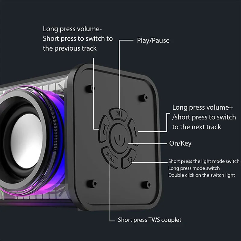 V8 Transparent Mecha Bluetooth Speaker RGB TWS 10W Portable Mini Bass Wireless Party Speaker Stereo