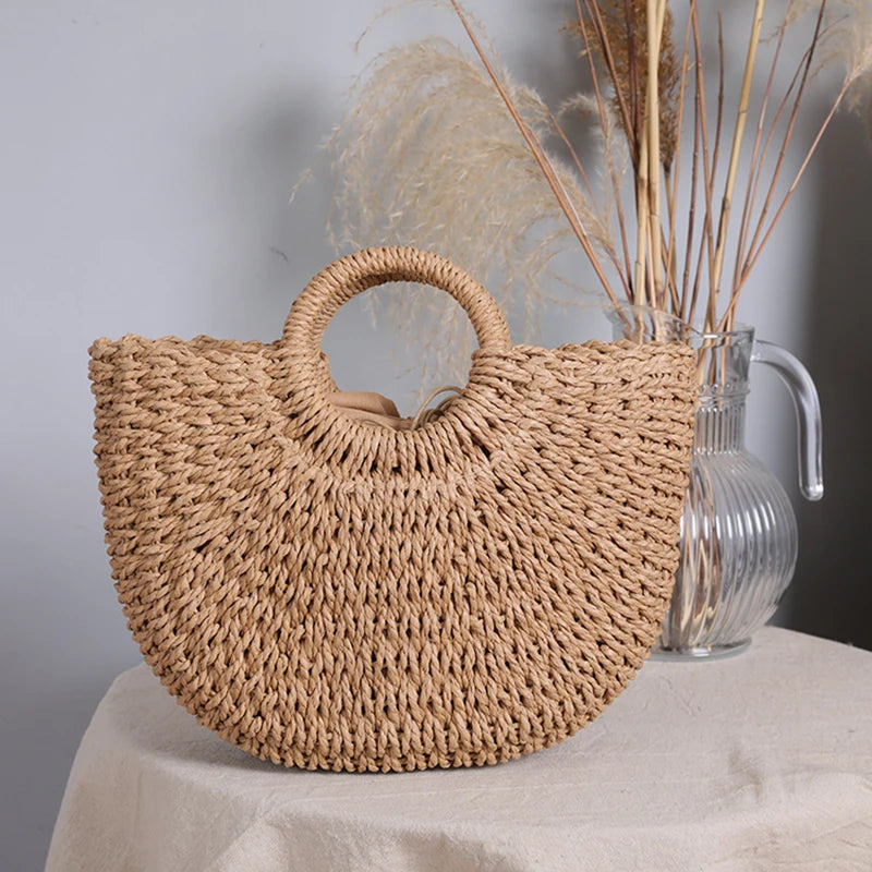 Moon-Shaped Handmade Straw Beach Bag Boho Chic Summer Tote for Women Travel & Holidays