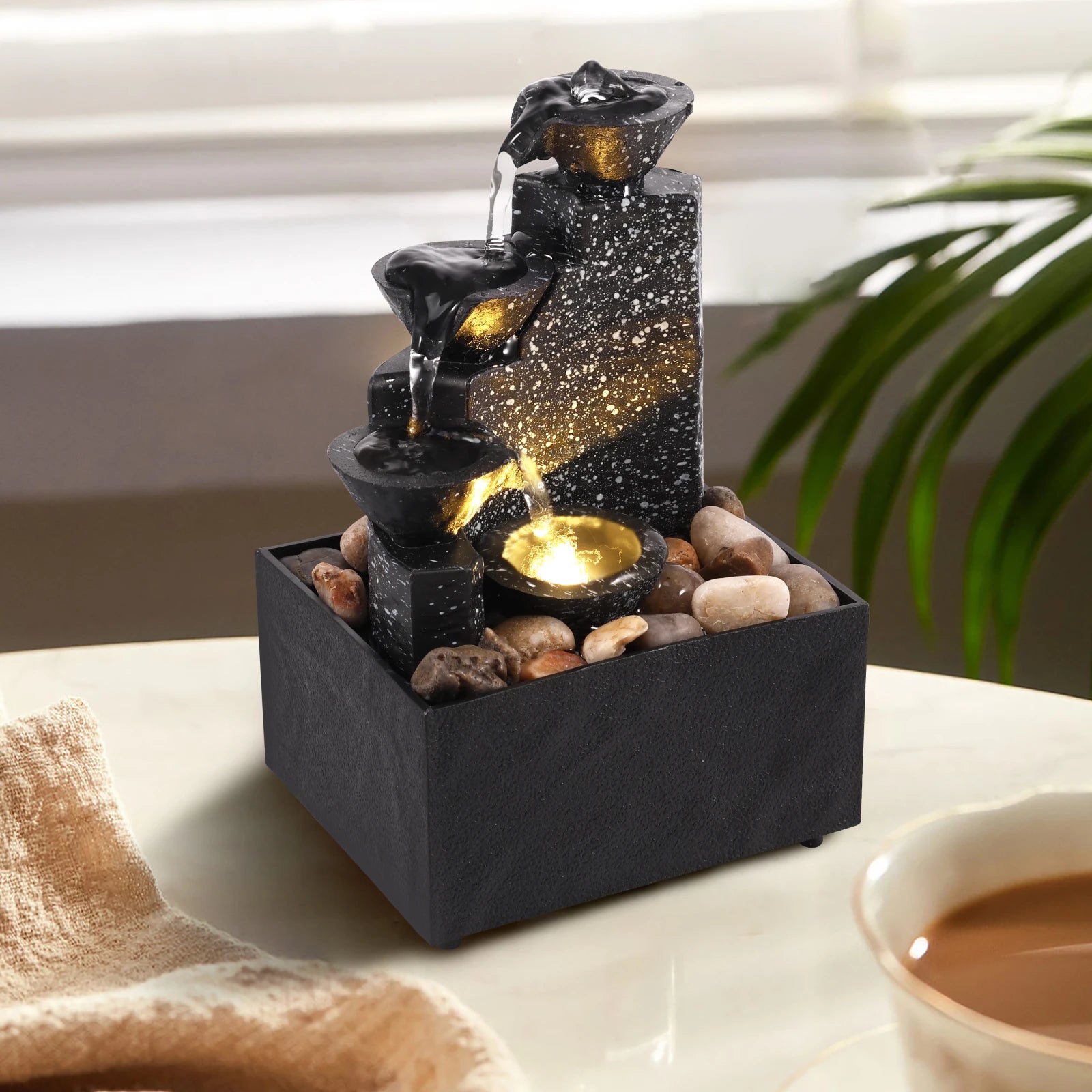 Tabletop Waterfall Desktop Fountain with Soft Lights Flowing Water Relaxation Meditation Gift