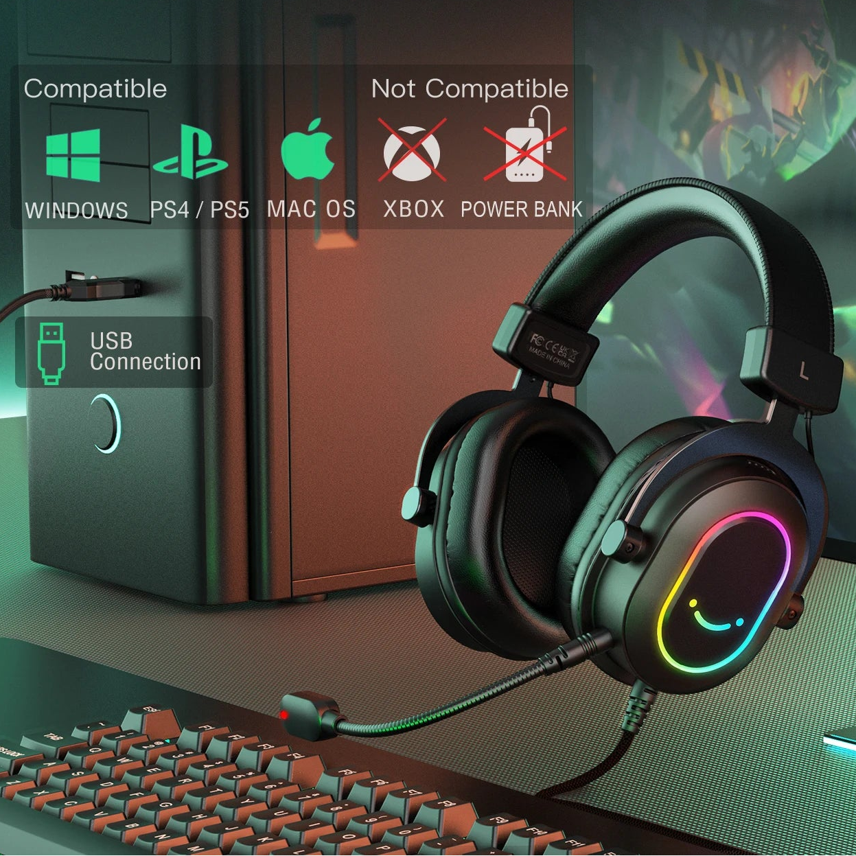FIFINE RGB Gaming Headset with Mic 7.1 Surround Sound USB Headphones for PC PS4 PS5 EQ Modes Wired