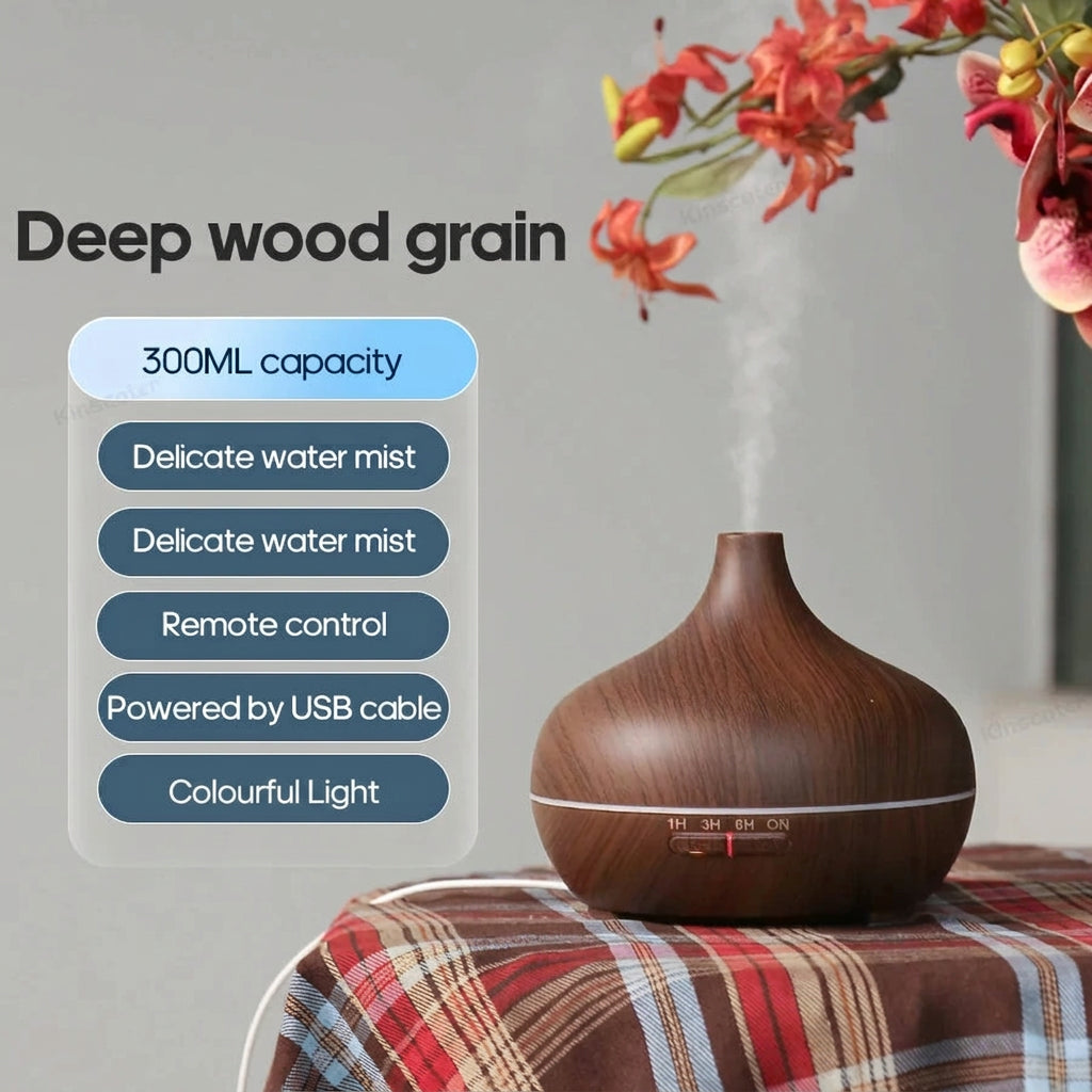 Wood Grain Essential Oil Diffuser 300ml USB Cool Mist Humidifier for Bedroom Home and Office