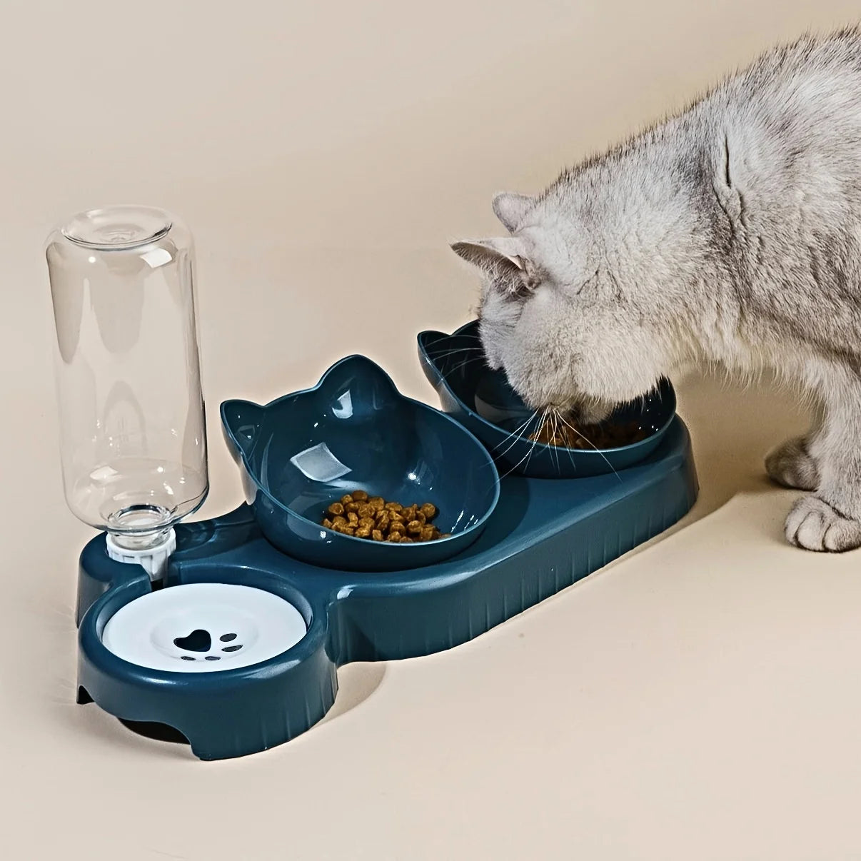 3 in 1 Tilted Cat Bowl Set with Gravity Water Bottle Feeder for Neck Protection | No Brand Name