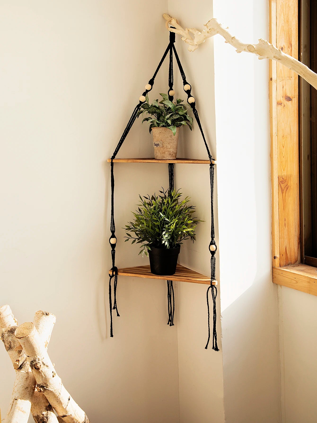 Wooden Corner Floating Macrame Shelf Boho Wall Organiser Plant Candle Photo Display Home Decor