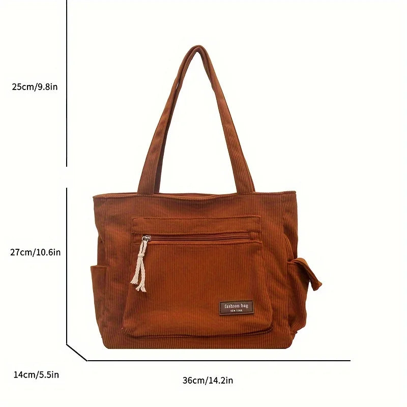 Retro Corduroy Tote Bag Shoulder Handbag with Zipper and Multi Pockets for Work School Shopping