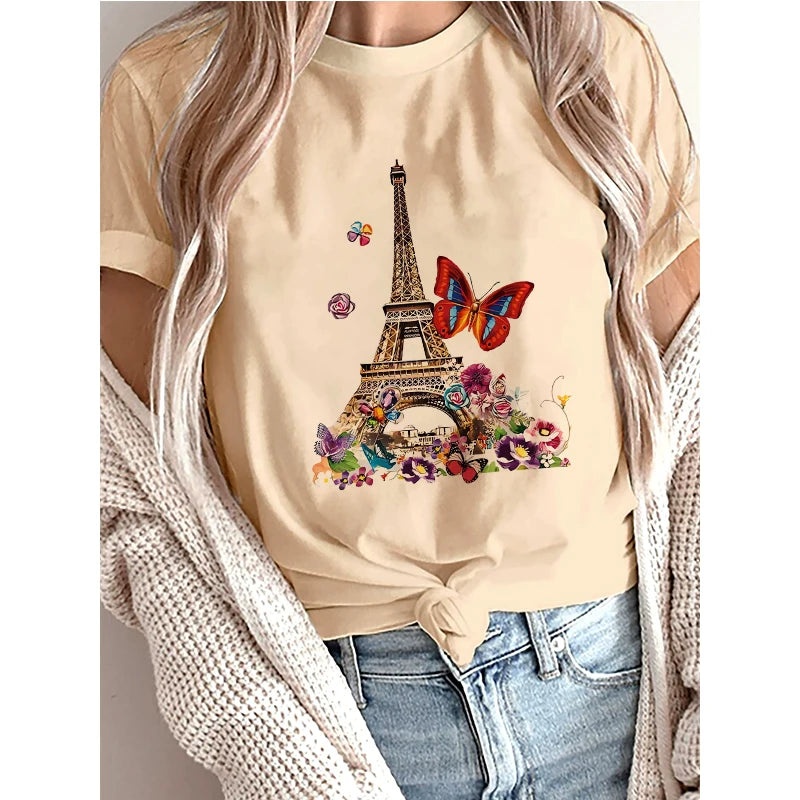 Women’s Bonjour Paris Graphic T Shirt Casual Short Sleeve Floral Print Summer Fashion Top Tee