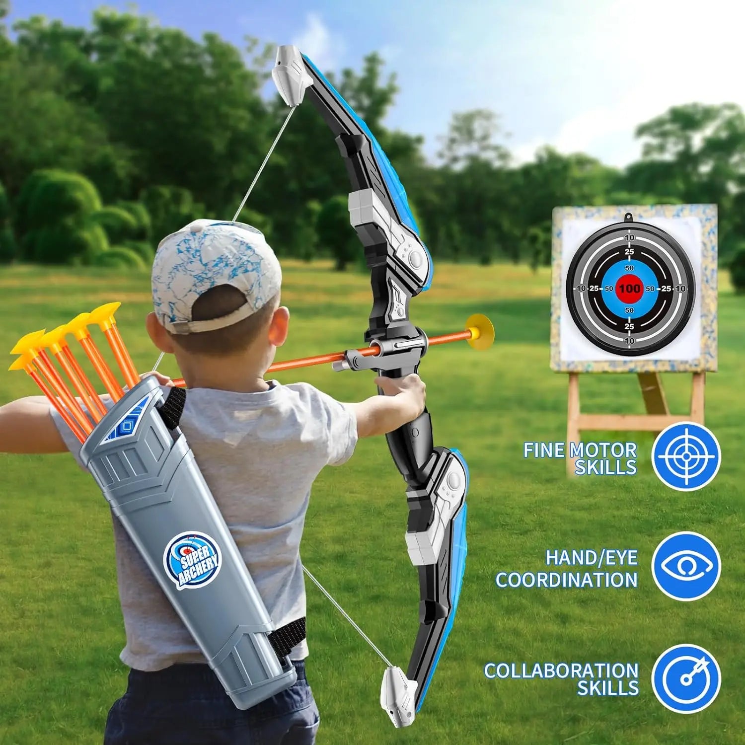 Kids Bow and Arrow LED Light Up Archery Toy Set with Target & 10 Suction Arrows for Children