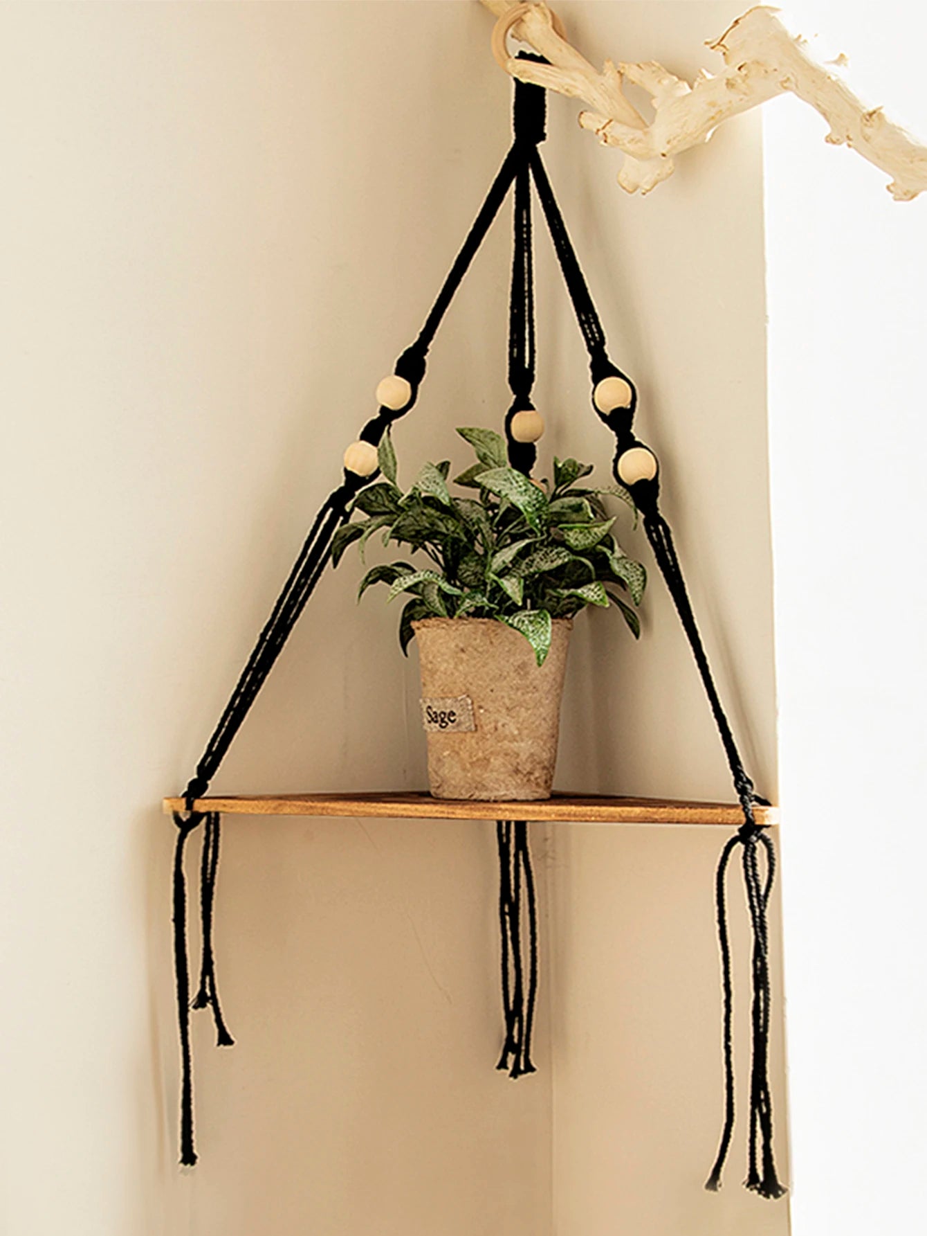Wooden Corner Floating Macrame Shelf Boho Wall Organiser Plant Candle Photo Display Home Decor