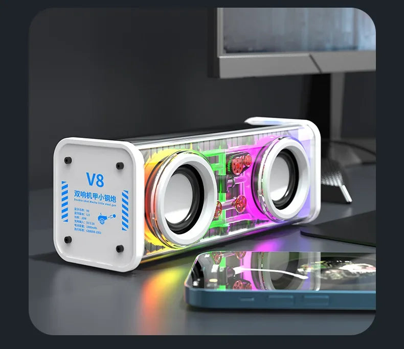 V8 Transparent Mecha Bluetooth Speaker RGB TWS 10W Portable Mini Bass Wireless Party Speaker Stereo
