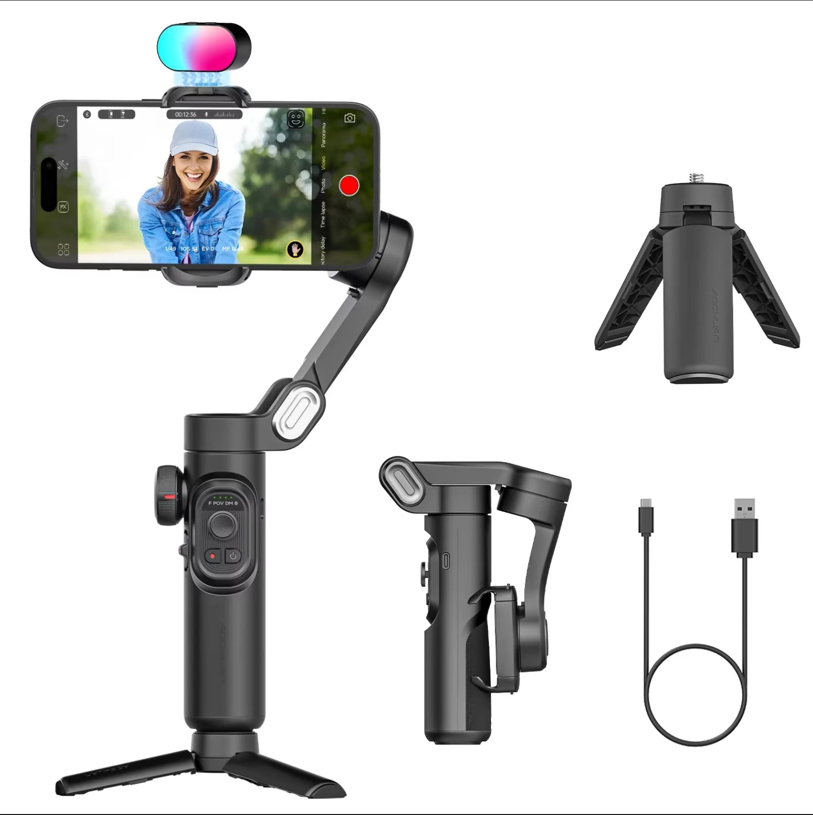 AOCHUAN 3 Axis Smartphone Gimbal Stabiliser with RGB Lights Bluetooth Vlog Video Tripod Mount