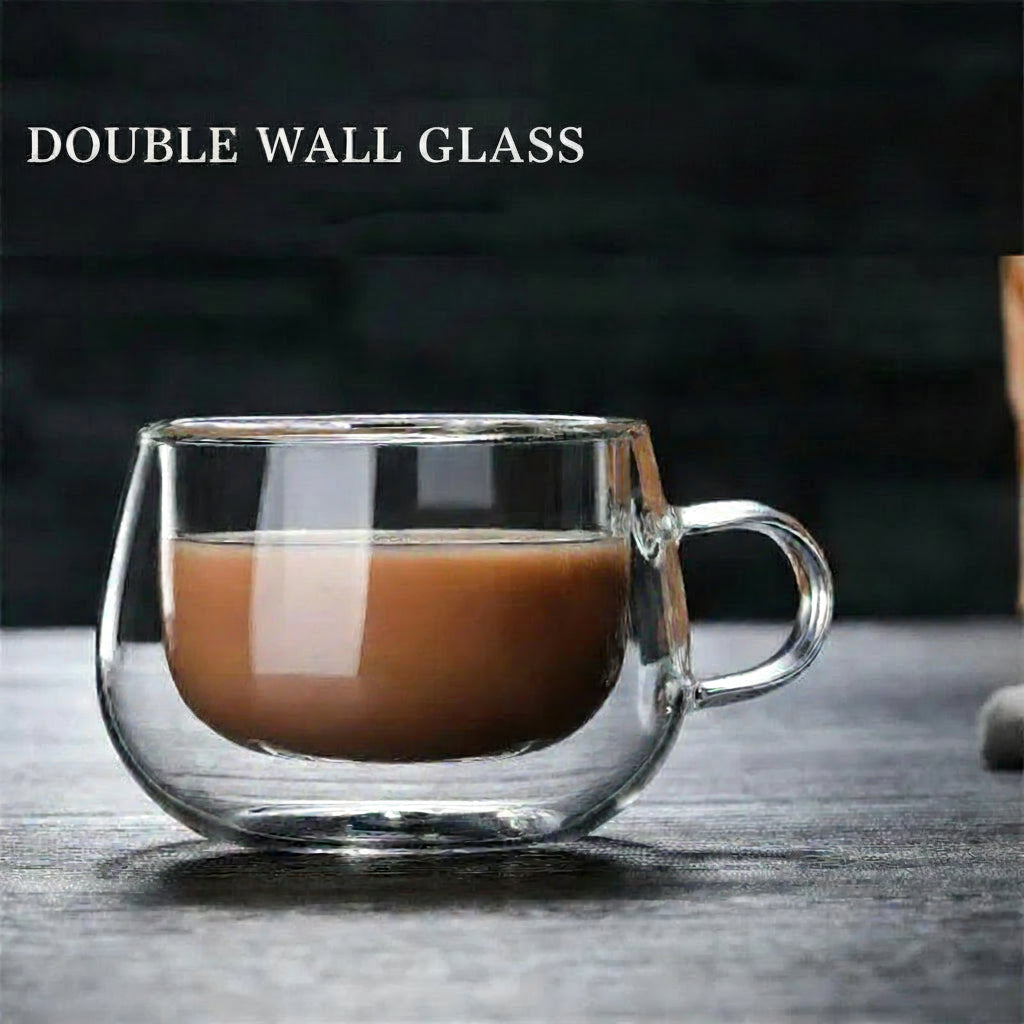 Double Wall Borosilicate Glass Mug 150–350ml Heat Resistant Coffee Tea Cup Clear with Handle
