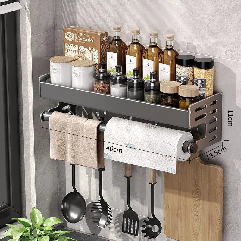 Wall Mount Utensil Holder Kitchen Storage Shelf with Hooks Spice Rack Organiser Stainless Steel