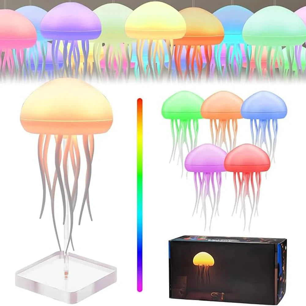 Cartoon Jellyfish LED Night Light RGB Rotating Bedside Lamp Voice Control Table Room Decoration