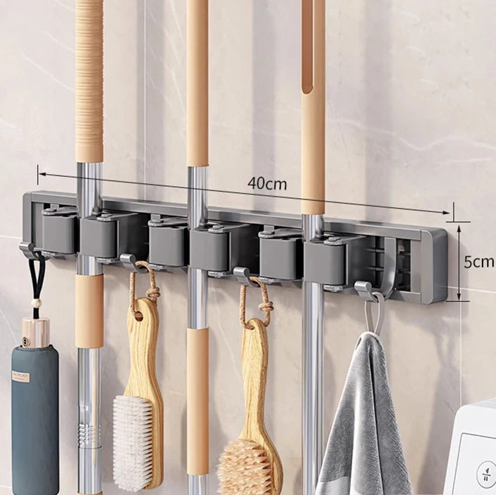 Wall Mounted Mop and Broom Holder Rack Aluminium Organiser with Hooks Adjustable Storage Shelf
