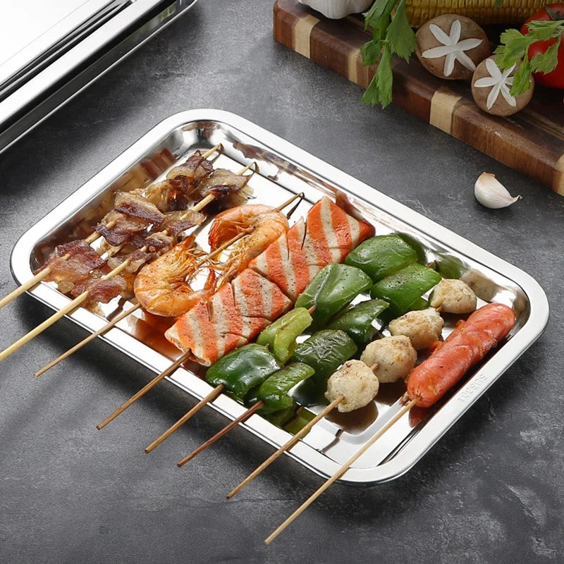 Stainless Steel BBQ Serving Tray Rectangle Food Plate Kitchen Storage Restaurant Metal Tray