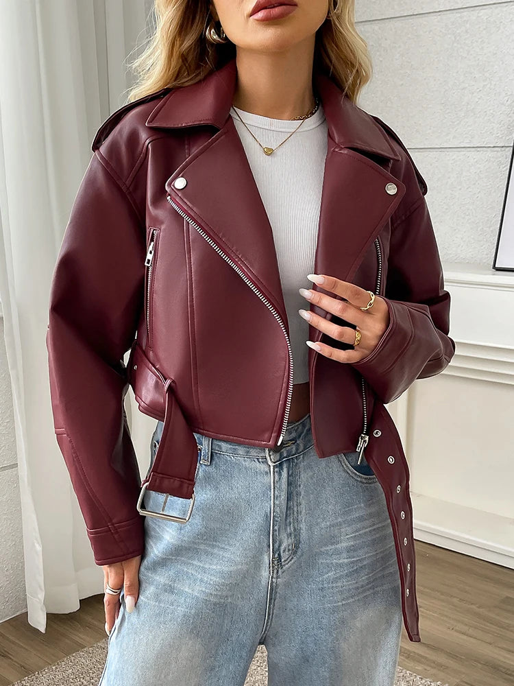 Women’s Chic Faux PU Leather Biker Jacket Belted Zip Moto Short Lapel All Seasons Wear