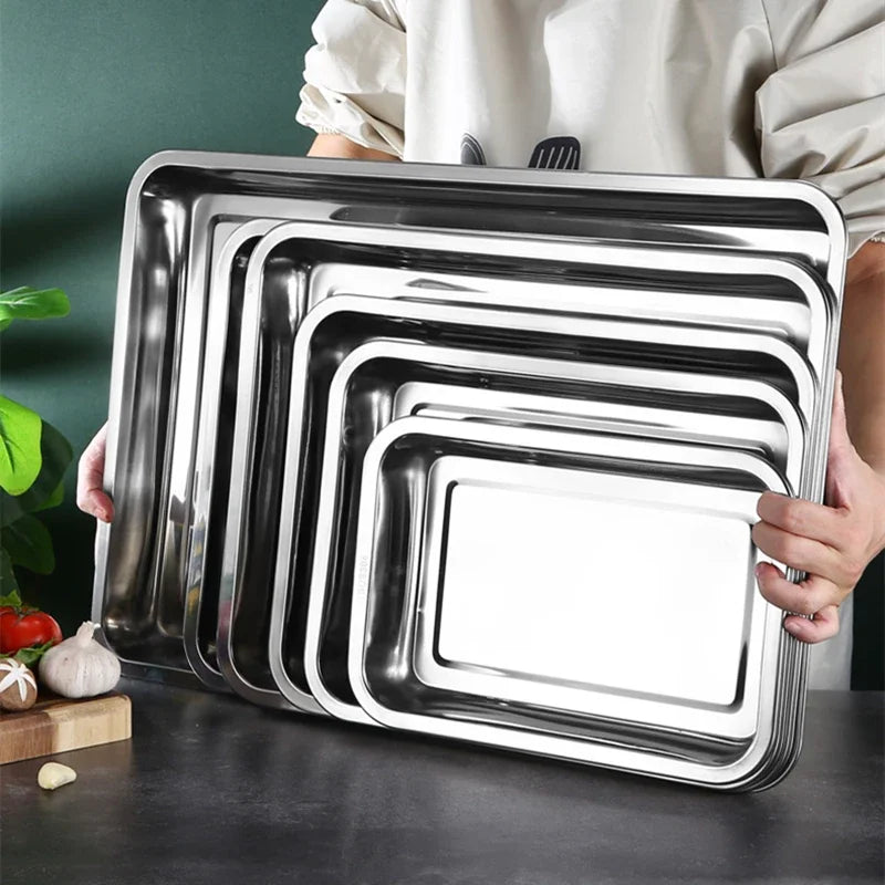 Stainless Steel BBQ Serving Tray Rectangle Food Plate Kitchen Storage Restaurant Metal Tray