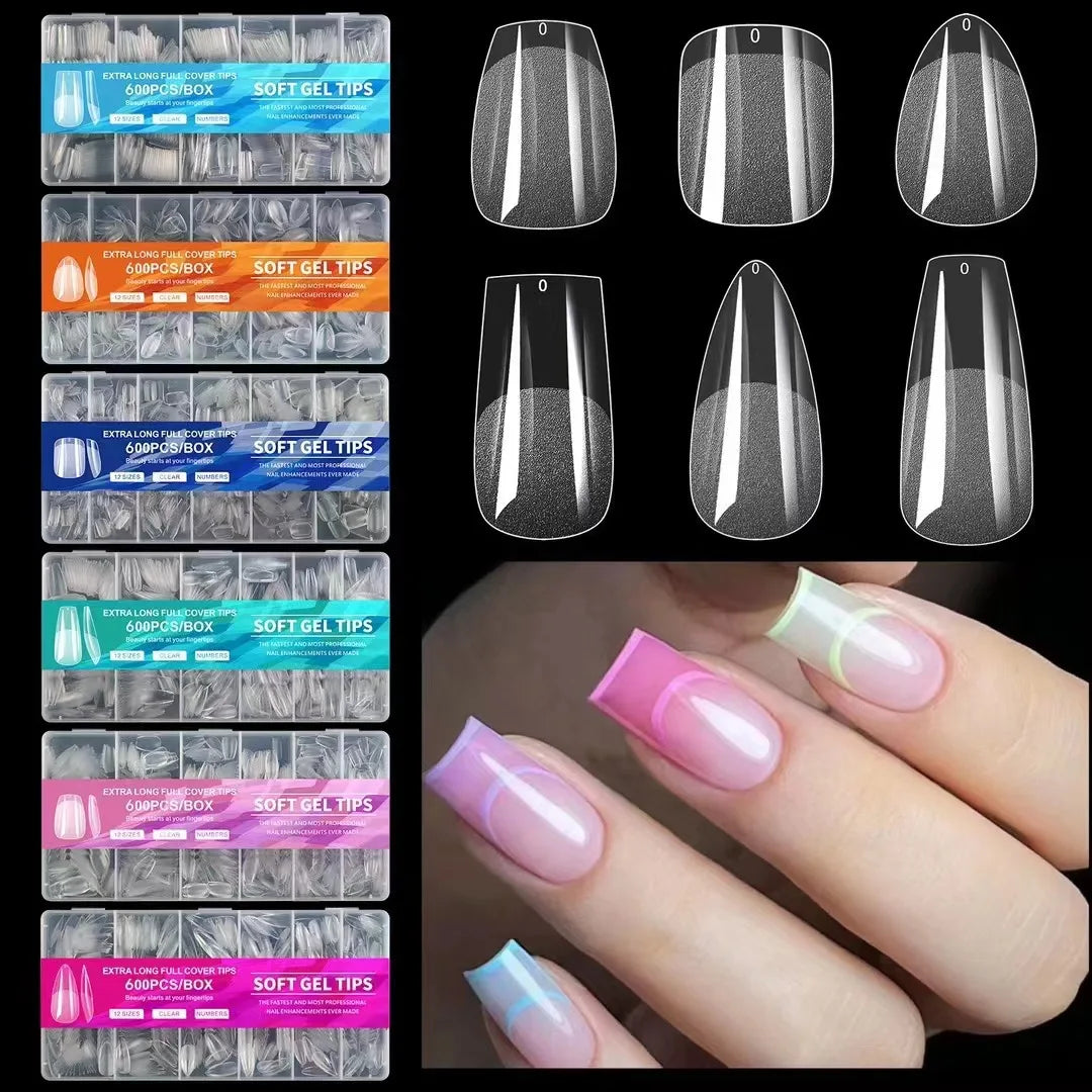 600PCS Soft Gel Nail Tips Half Matte Clear Acrylic ALMOND False Nails for Extension Manicure Tools