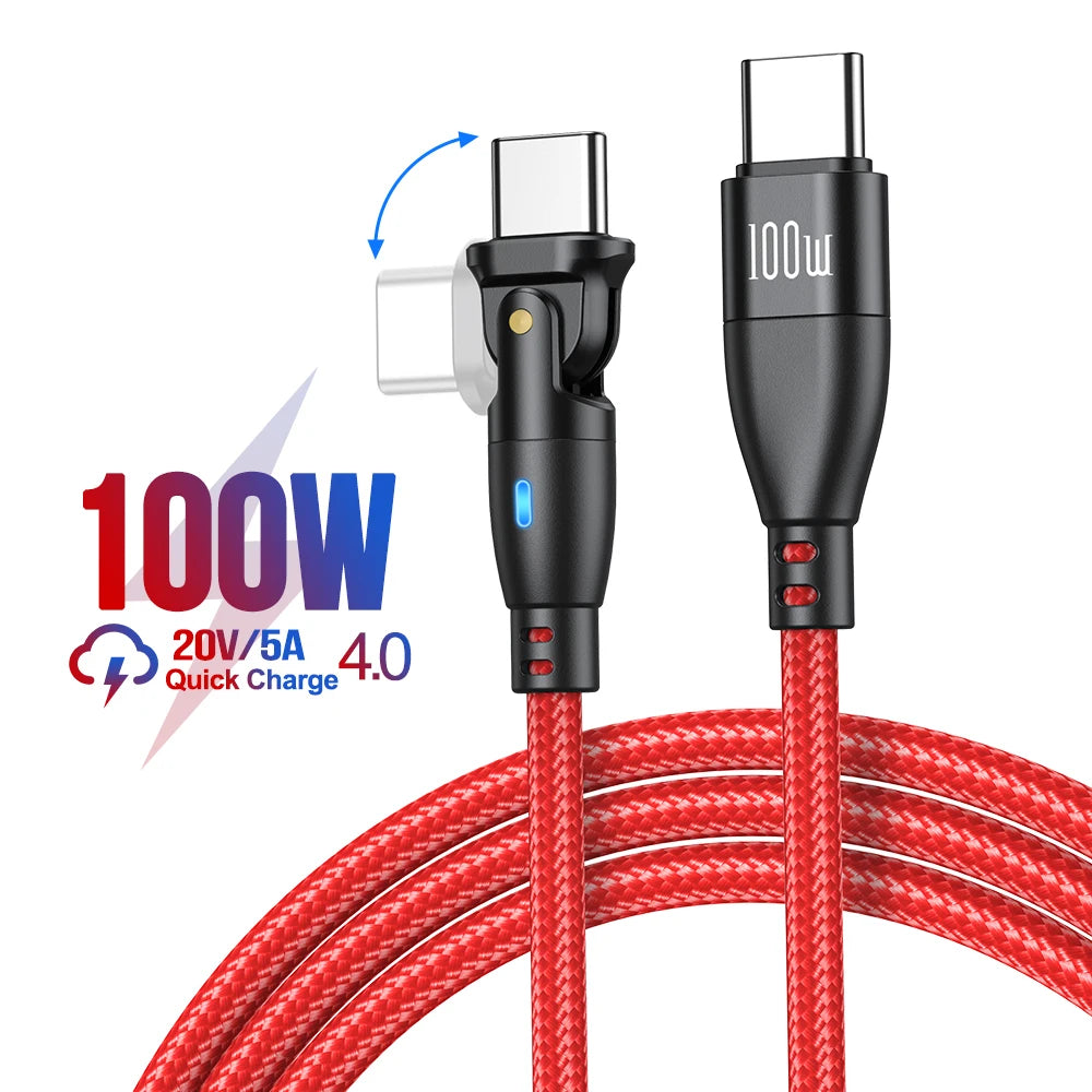 100W USB C to USB C Fast Charging Cable 180° Braided PD Charger Cord with LED Indicator 5A