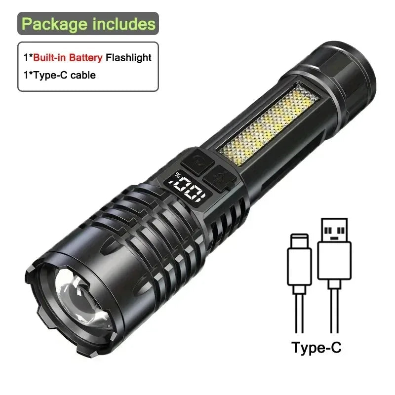 USB-C Rechargeable High Power LED COB Flashlight Torch with Side Light for Camping Hiking Emergency