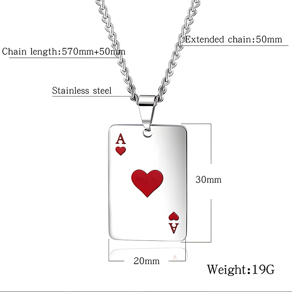 Hip Hop Stainless Steel Poker Card Necklace Ace of Spades & Hearts Pendant Chain Unisex