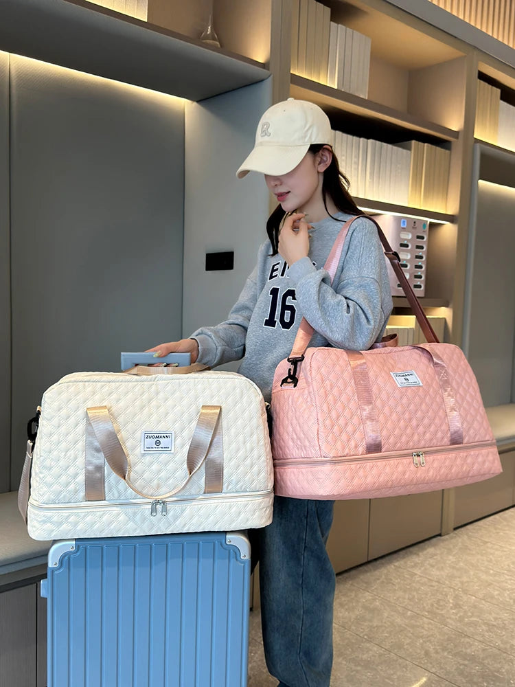 Lightweight Rhombic Lattice Travel Duffel Bag Carry-On Sports Fitness Gym Portable Weekender Bag