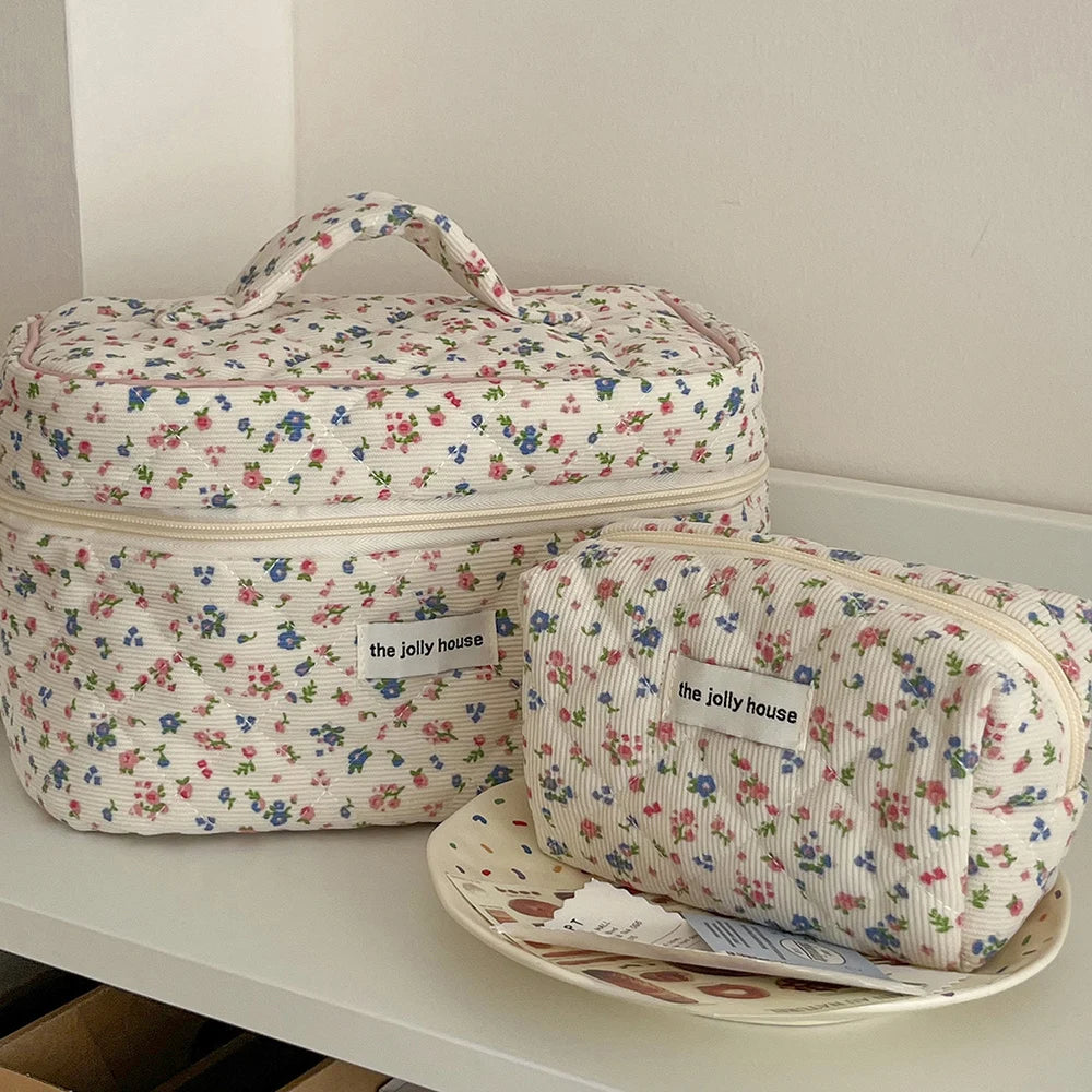 Vintage Floral Women Makeup Bag – Cotton Tote, Quilted Travel Organizer with Zipper Closure