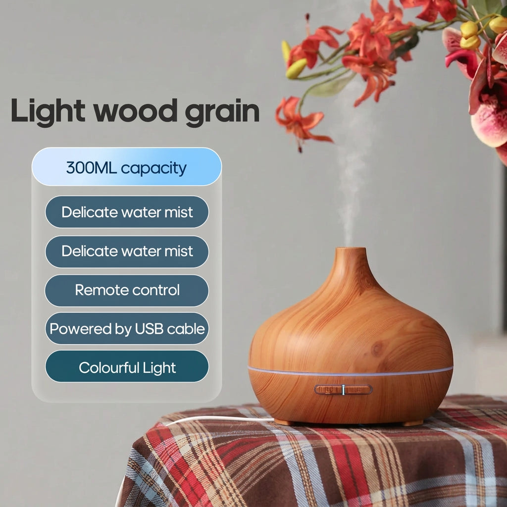 Wood Grain Essential Oil Diffuser 300ml USB Cool Mist Humidifier for Bedroom Home and Office