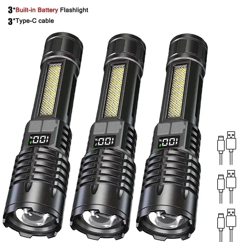 USB-C Rechargeable High Power LED COB Flashlight Torch with Side Light for Camping Hiking Emergency