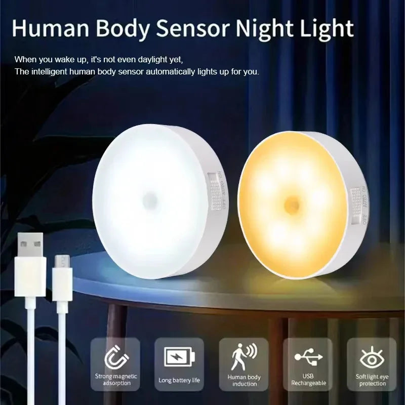 Motion Sensor LED Night Light USB Rechargeable Wireless Lamp for Kitchen Wardrobe Staircase Closet