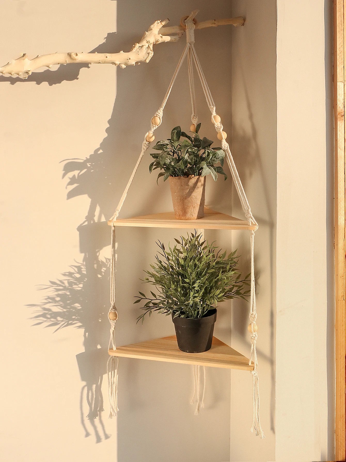 Wooden Corner Floating Macrame Shelf Boho Wall Organiser Plant Candle Photo Display Home Decor