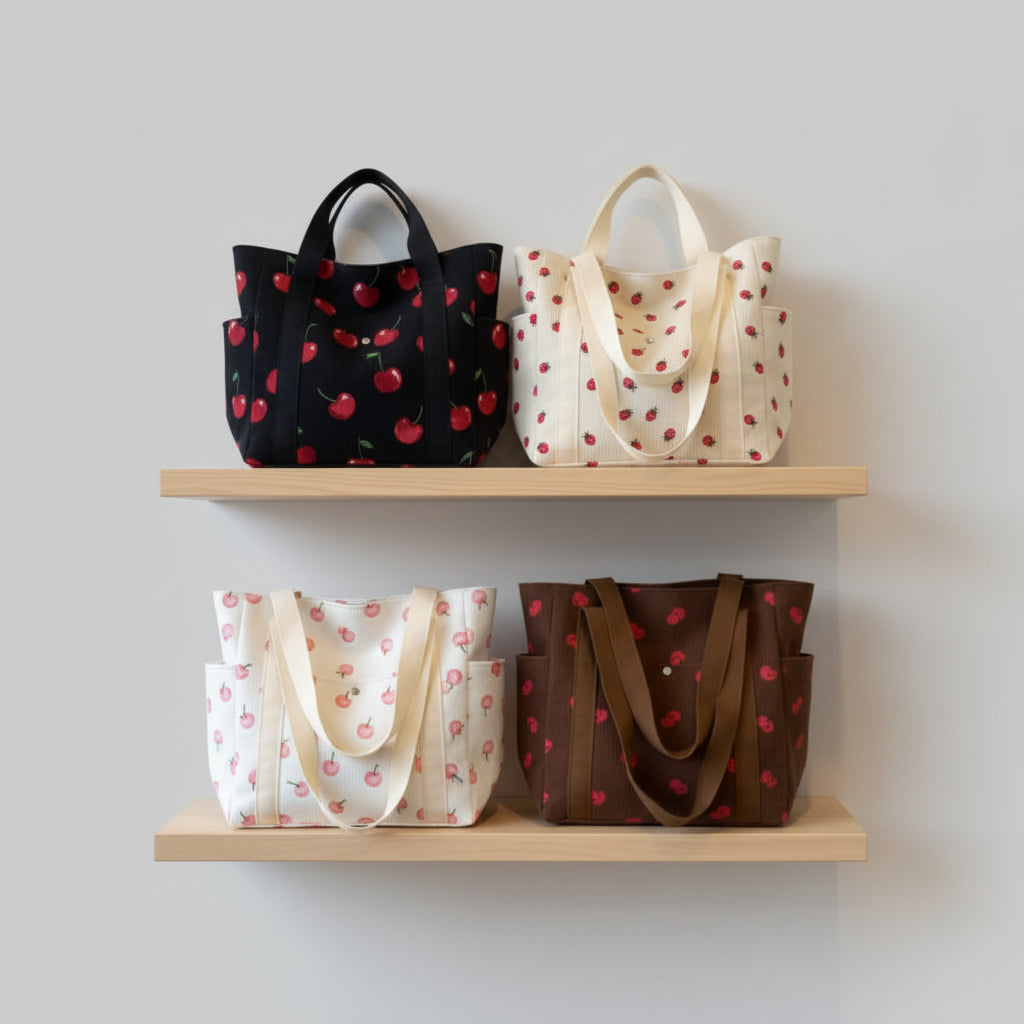 Women’s Corduroy Fruit Print Shoulder Bag Casual Soft Satchel Underarm Commuter Handbag NZ