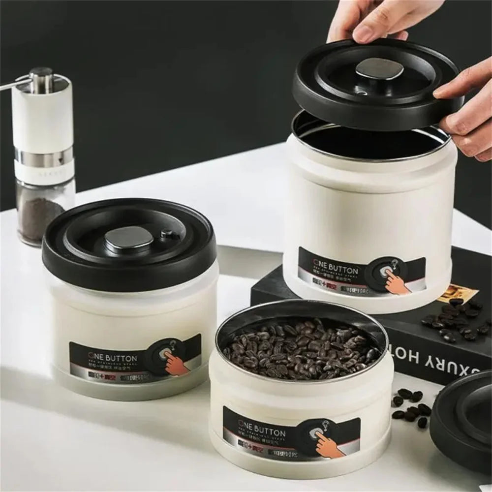 Stainless Steel Coffee Bean Vacuum Sealed Canister Airtight Storage Jar for Kitchen Organisation