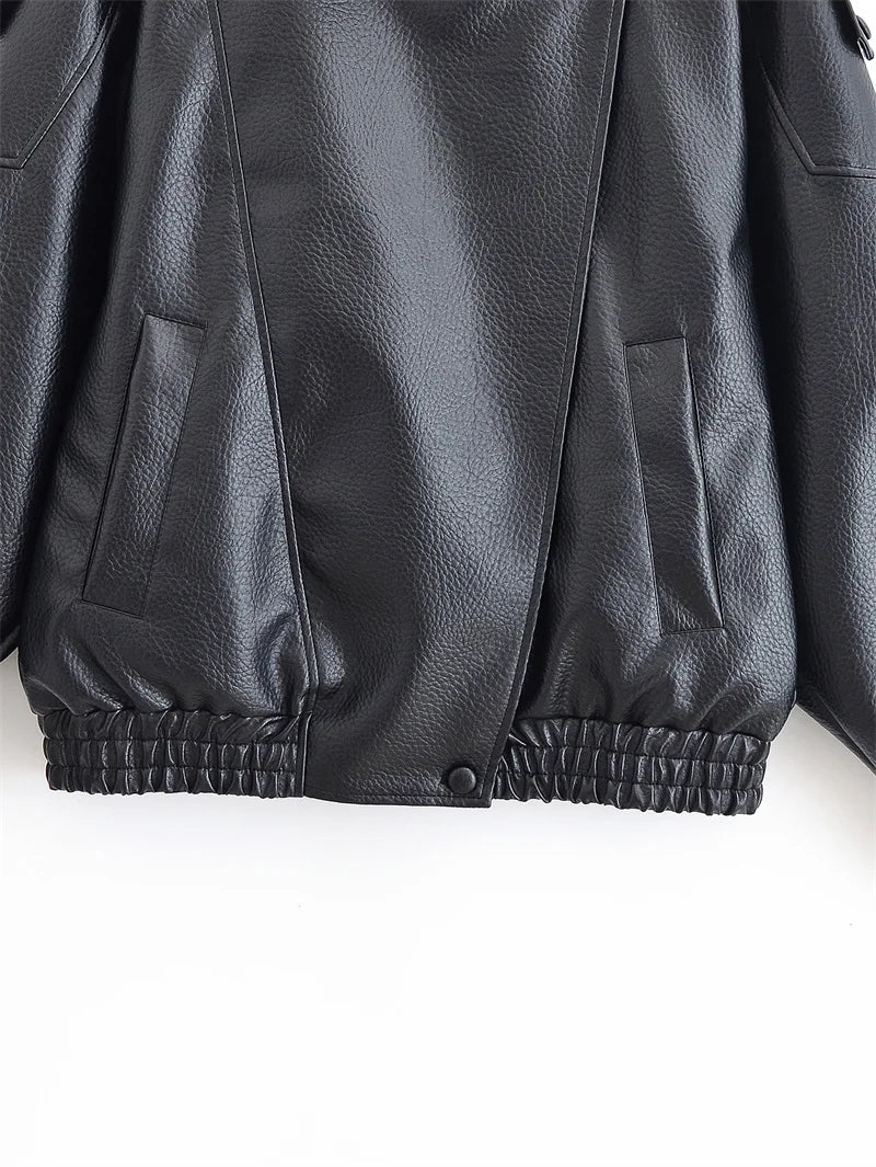 Women’s Black Pebble Faux Leather Motorcycle Jacket Autumn Winter Zip Casual Biker Coat