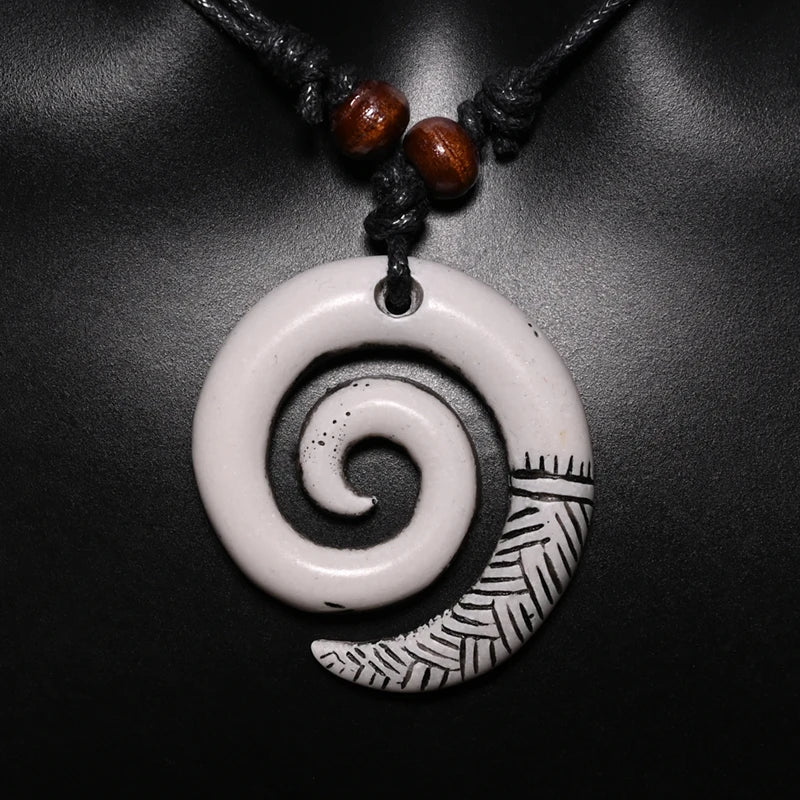 NZ Maori Spiral Koru Pendant Necklace Tribal Resin Choker Adjustable Rope Unisex Vintage Amulet