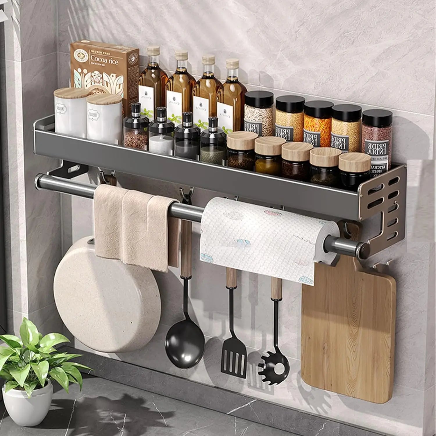 Wall Mount Utensil Holder Kitchen Storage Shelf with Hooks Spice Rack Organiser Stainless Steel