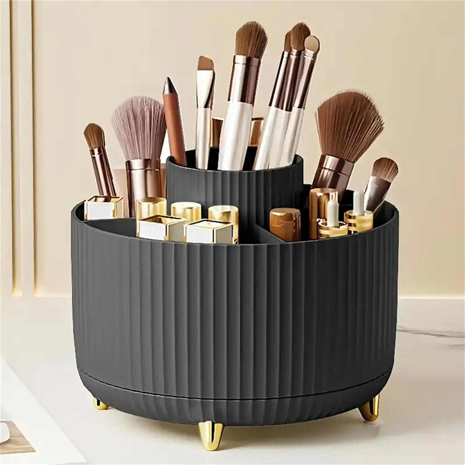 360° Rotating Makeup Organiser with 5 Compartments Plastic Cosmetic Brush Storage Holder Stand Tray!