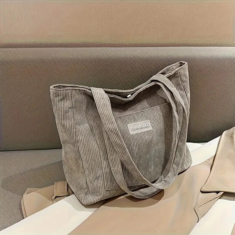 Trendy Corduroy Tote Bag with Front Pocket Large Capacity Casual Shoulder Handbag Women