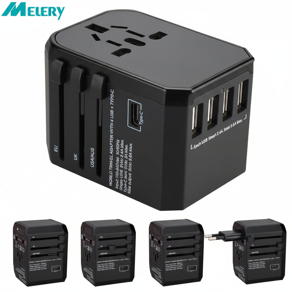 MELERY Universal Travel Adapter with USB Type-C Fast Charger for US EU UK AU Plugs – 5 Ports