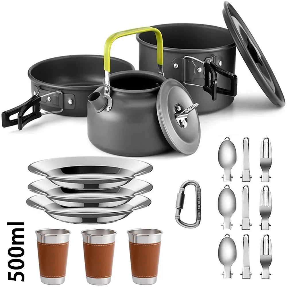 Camping Cookware Set for 2–3 People with Non-Stick Pots Pan and Teapot for Outdoor Cooking