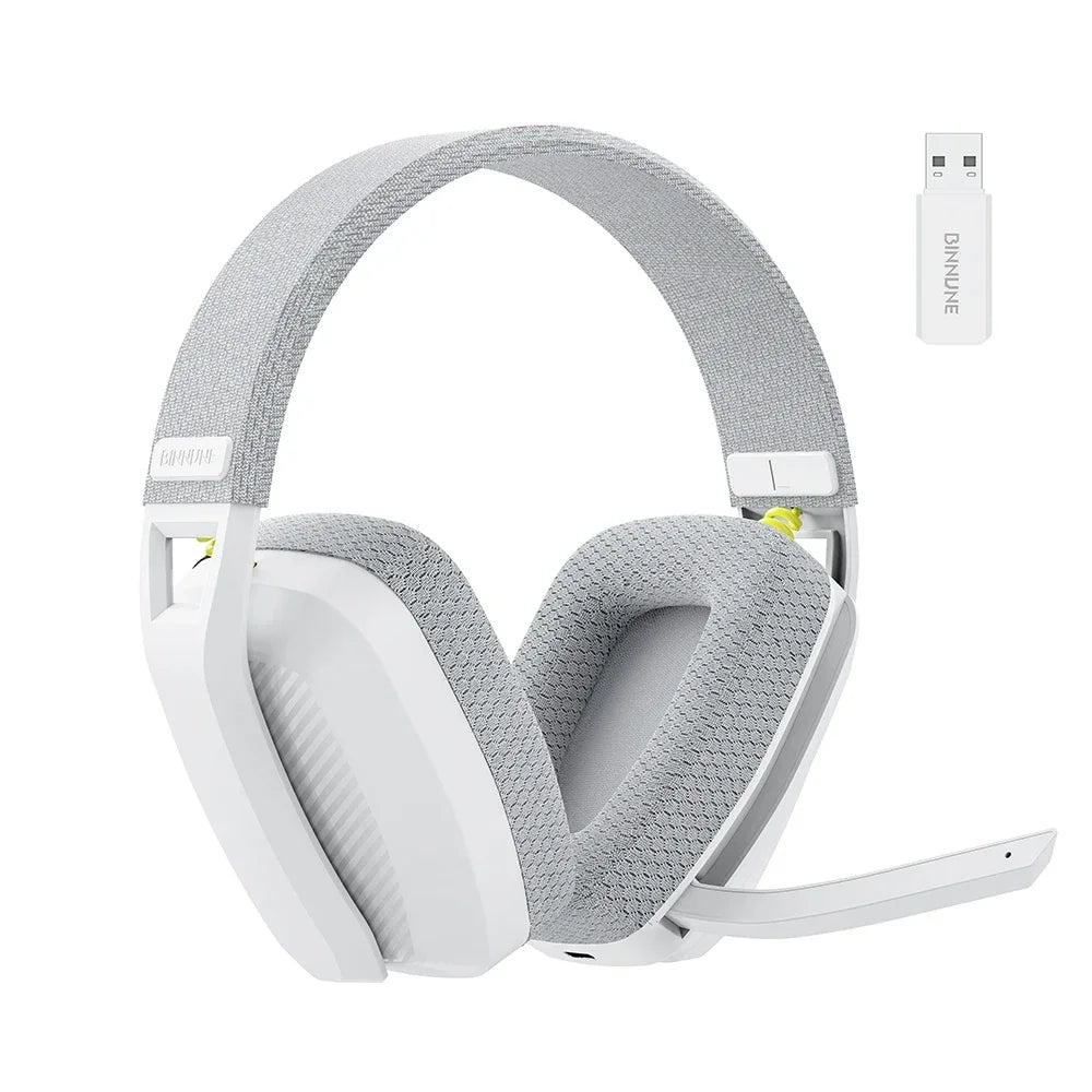 BINNUNE BW06 wireless gaming headset in white with USB dongle, ideal for PS5, PS4, PC, and Mac gaming.