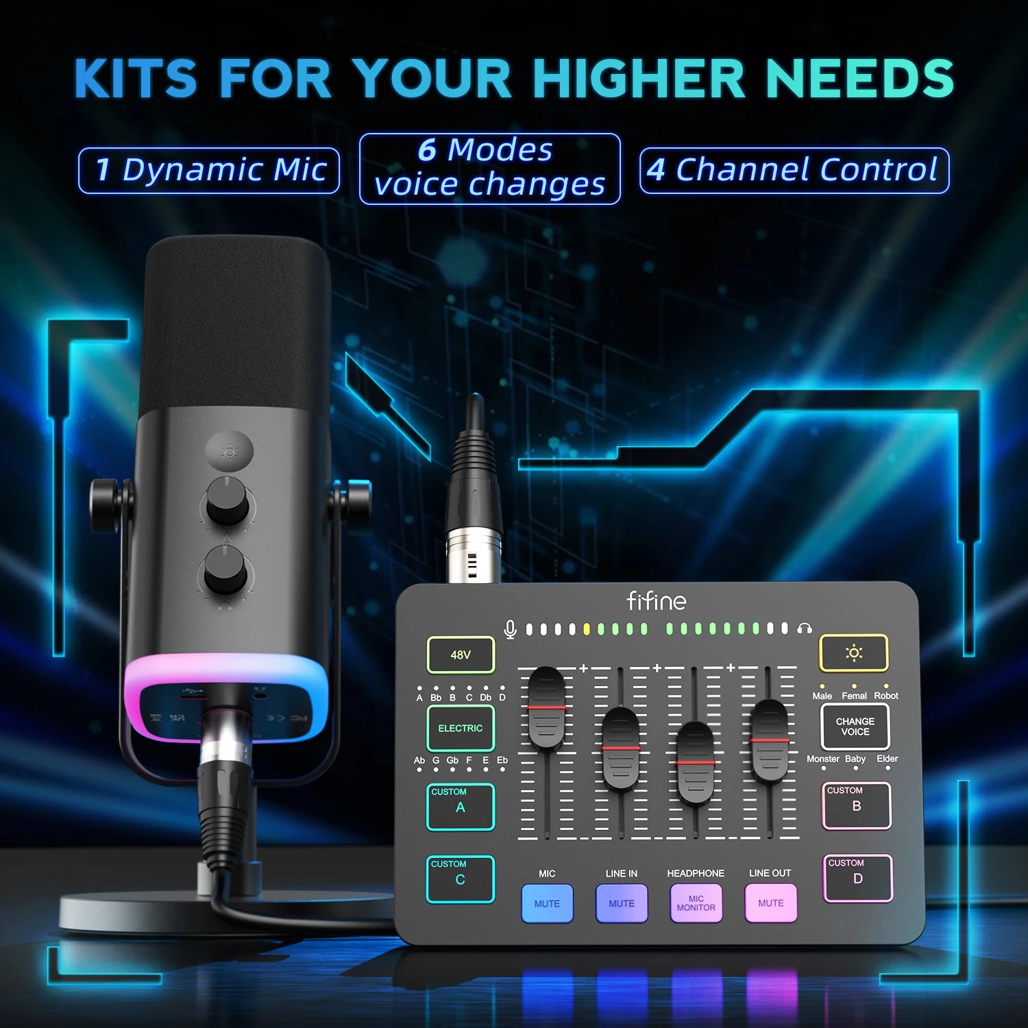 FIFINE All-in-One Podcast Kit AMPLIGAME KS5 with RGB Audio Mixer, Dynamic Mic for Gaming & Streaming