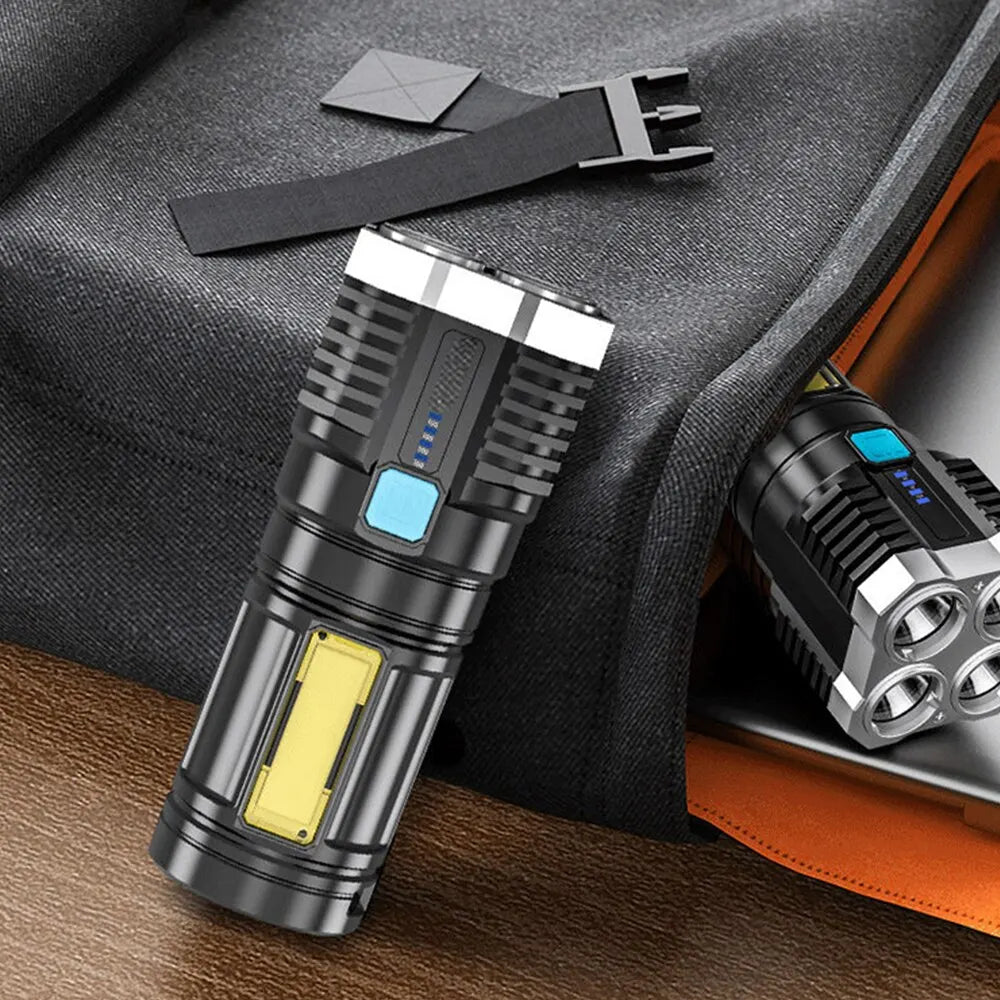 Rechargeable LED Camping Flashlight with COB Side Light USB Torch IP64 Waterproof 4 Modes 100m Beam
