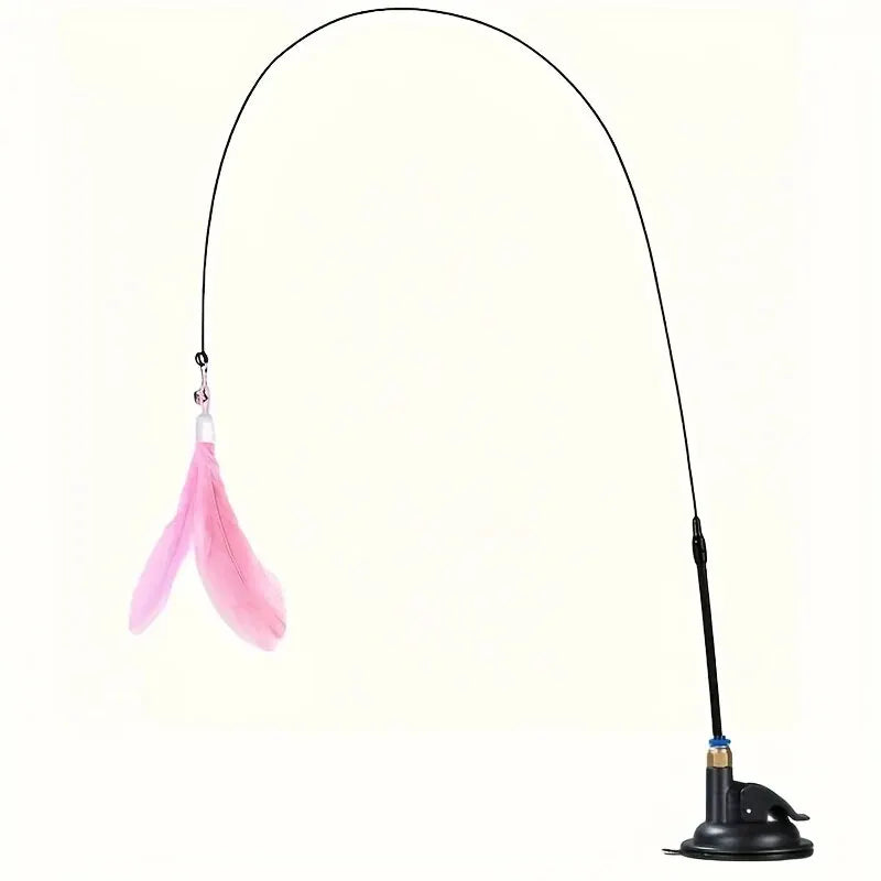 Interactive Cat Teaser Toy with Bell & Feather Wand – Long Suction Cup Pole for Active Playtime Fun