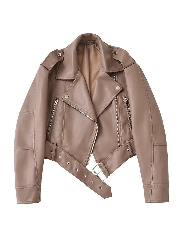 Women’s Chic Faux PU Leather Biker Jacket Belted Zip Moto Short Lapel All Seasons Wear