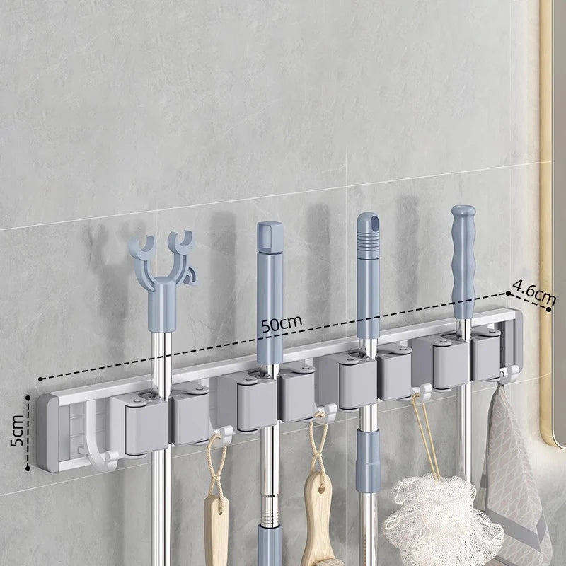 Wall Mounted Mop and Broom Holder Rack Aluminium Organiser with Hooks Adjustable Storage Shelf