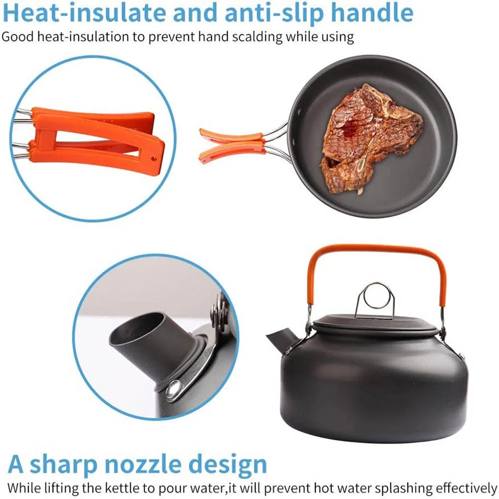 Camping Cookware Set for 2–3 People with Non-Stick Pots Pan and Teapot for Outdoor Cooking