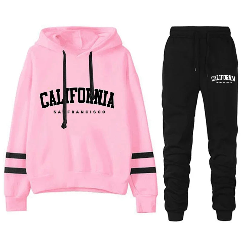 CALIFORNIA Women’s Tracksuit Casual Stripe Hooded Sweatshirt & Pants Set Sportswear S-3XL