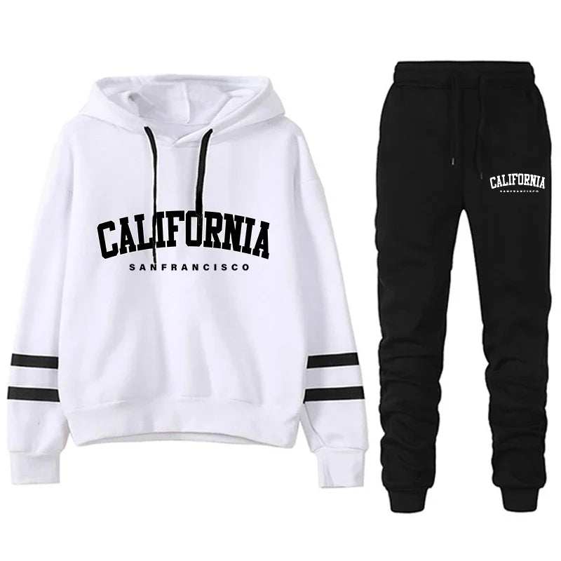 CALIFORNIA Women’s Tracksuit Casual Stripe Hooded Sweatshirt & Pants Set Sportswear S-3XL